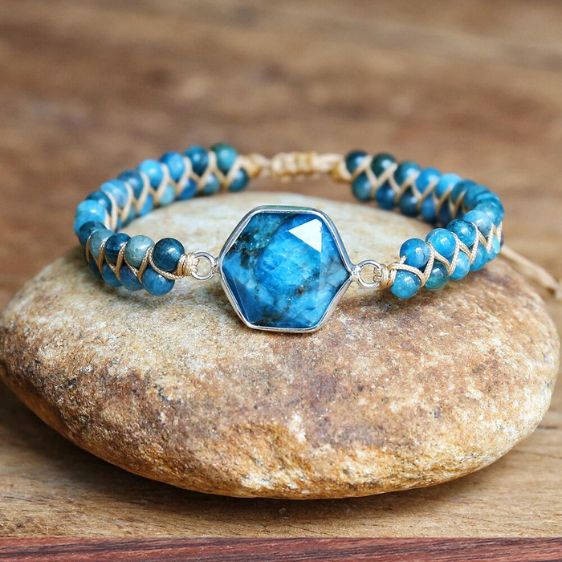 Hexagon-Shaped Natural Blue Apatite 4mm Beads Adjustable Bracelet - Charm Bracelets - Chakra Galaxy
