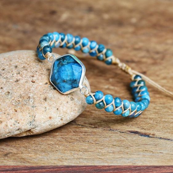 Hexagon-Shaped Natural Blue Apatite 4mm Beads Adjustable Bracelet - Charm Bracelets - Chakra Galaxy