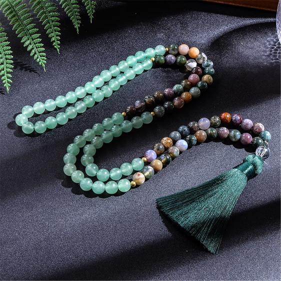 Indian Agate And Green Aventurine 108 Beads Japamala Necklace - Pendants - Chakra Galaxy