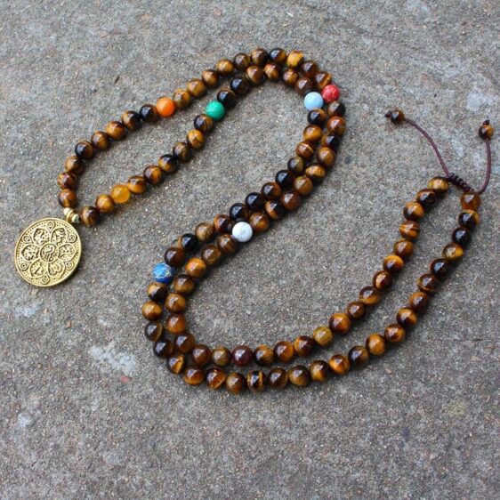 Japamala 108 Natural Beads Tigers Eye & 7 Chakra Pendant Necklace - Chakra Necklace - Chakra Galaxy