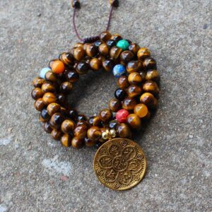 Japamala 108 Natural Beads Tigers Eye & 7 Chakra Pendant Necklace - Chakra Necklace - Chakra Galaxy