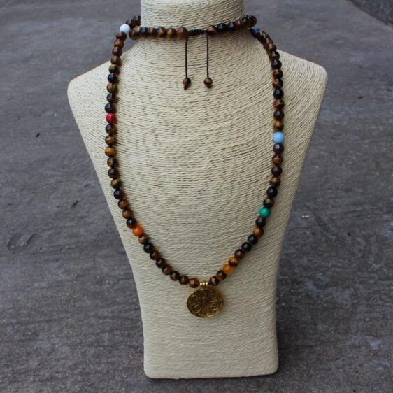 Japamala 108 Natural Beads Tigers Eye & 7 Chakra Pendant Necklace - Chakra Necklace - Chakra Galaxy