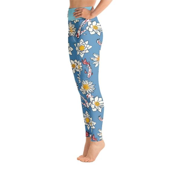 Koi And Lotus Pattern High Waist Blue Leggings Yoga Pants - Yoga Leggings - Chakra Galaxy