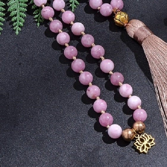 Kunzite Gemstone Beads Golden Lotus Charm Knotted Japamala Necklace - Pendants - Chakra Galaxy