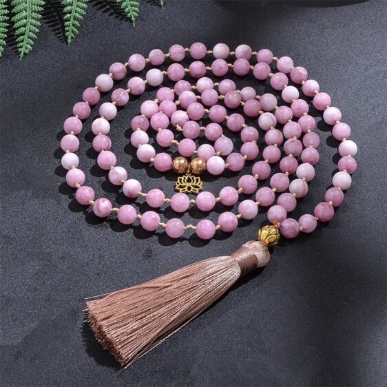 Kunzite Gemstone Beads Golden Lotus Charm Knotted Japamala Necklace - Pendants - Chakra Galaxy