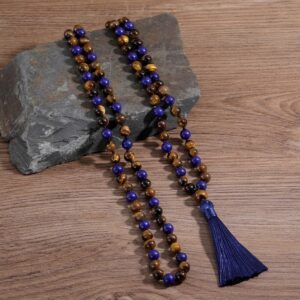 Lapis Lazuli And Tiger's Eye Knotted Mala Beads Necklace With Tassel - Pendants - Chakra Galaxy
