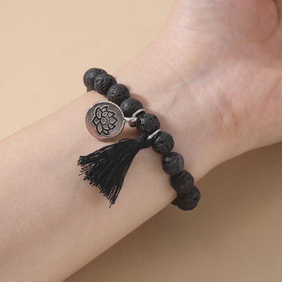 Lava Stone Beads With Lotus Pendant & Tassel Chakra Bracelet - Charm Bracelets - Chakra Galaxy