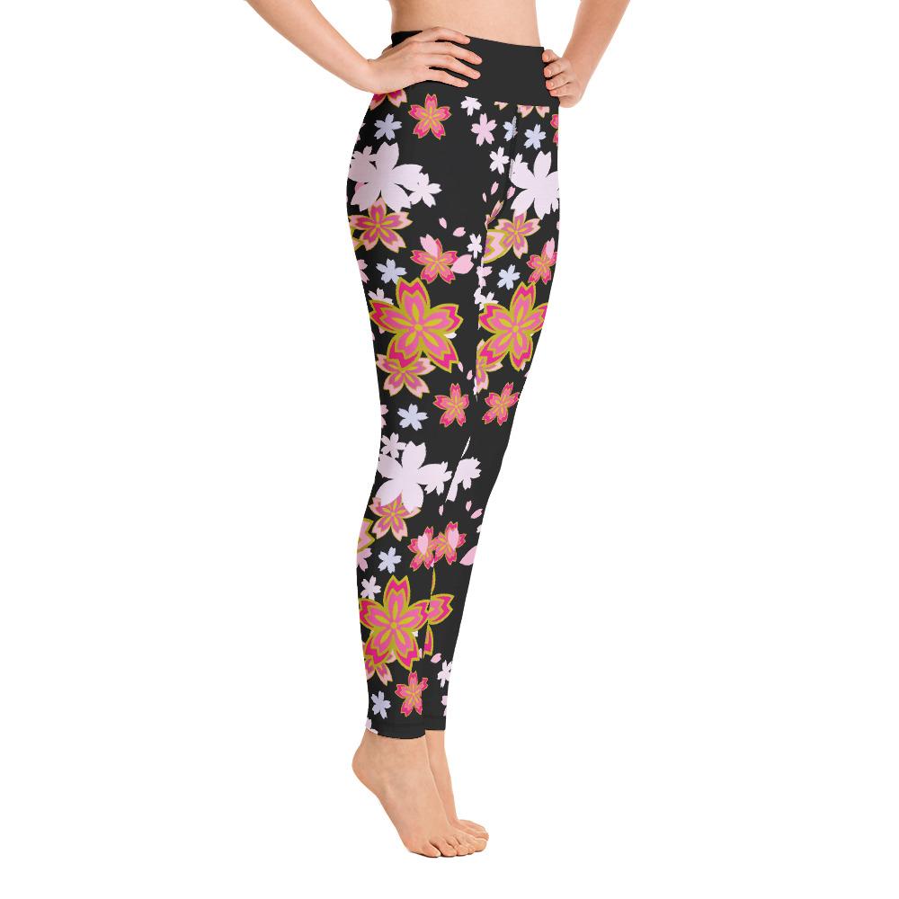 Lotus Flower Pattern Leggings Black High Waist Yoga Pants