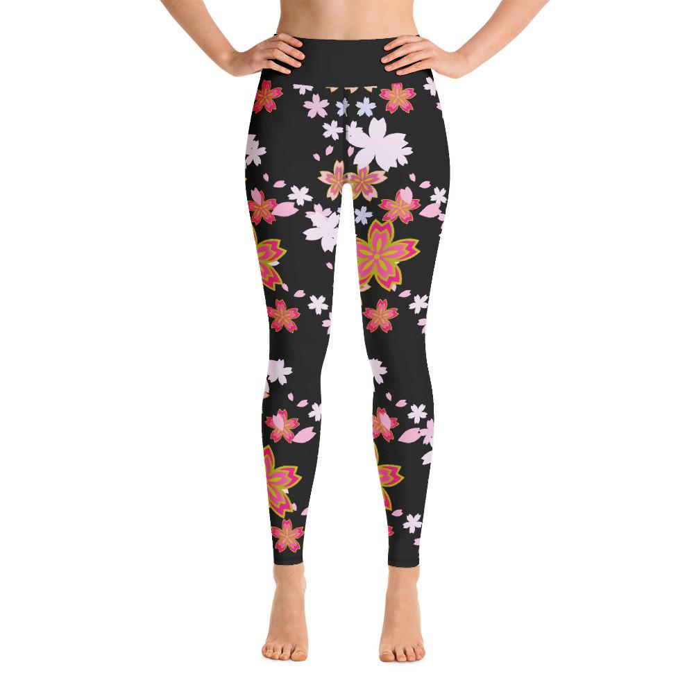 Lotus Flower Pattern Leggings Black High Waist Yoga Pants