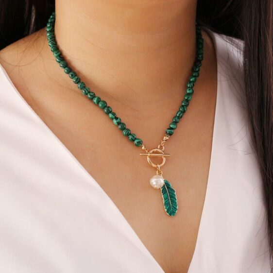 Malachite Beads Green Alloy Leaf And Pearl Drop Pendant Necklace - Pendants - Chakra Galaxy