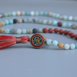 Matte Red Stone & Amazonite Stone Japamala Necklace Knotted Bead 8MM - Chakra Necklace - Chakra Galaxy