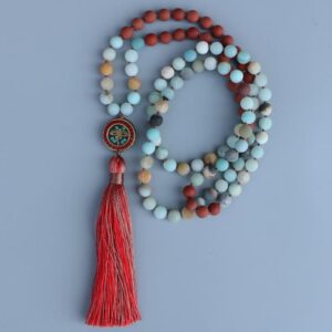 Matte Red Stone & Amazonite Stone Japamala Necklace Knotted Bead 8MM - Chakra Necklace - Chakra Galaxy