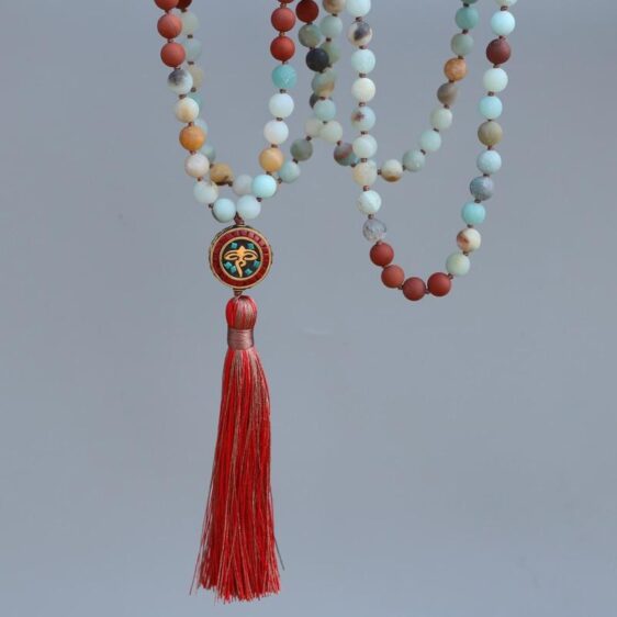 Matte Red Stone & Amazonite Stone Japamala Necklace Knotted Bead 8MM - Chakra Necklace - Chakra Galaxy