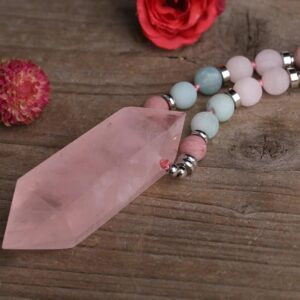 Matted Amazonite And Rose Quartz Necklace With Pink Quartz Pendant - Pendants - Chakra Galaxy