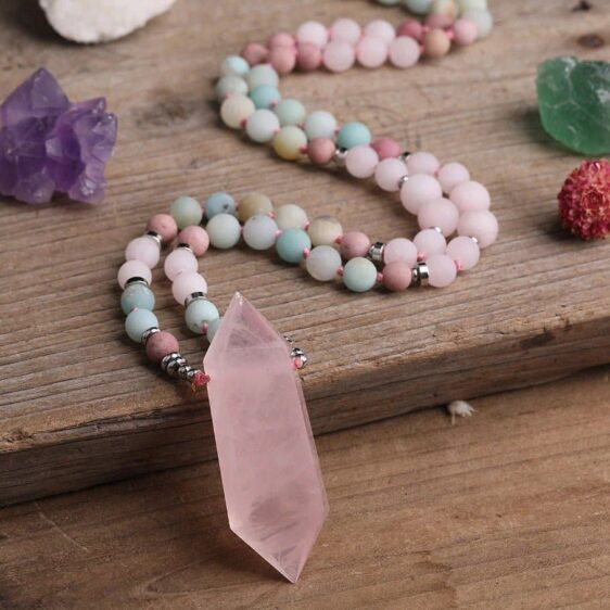 Matted Amazonite And Rose Quartz Necklace With Pink Quartz Pendant - Pendants - Chakra Galaxy
