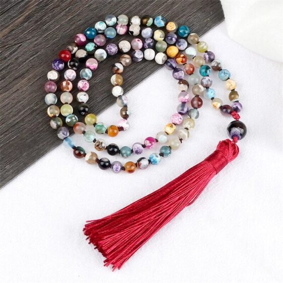 Multicolor Fire Agates Stones Red Long Tassel Beads Necklace - Pendants - Chakra Galaxy