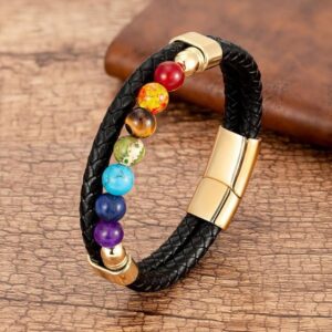 Natural 7 Chakra Stone Beads Black Leather Bracelet - Charm Bracelets - Chakra Galaxy