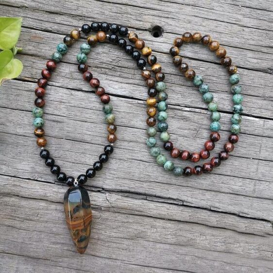 Natural African Turquoise & Tiger's Eye Stone Chakra Necklace 108 Mala Bead 8mm - Chakra Necklace - Chakra Galaxy