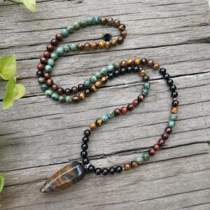 Natural African Turquoise & Tiger's Eye Stone Chakra Necklace 108 Mala Bead 8mm - Chakra Necklace - Chakra Galaxy