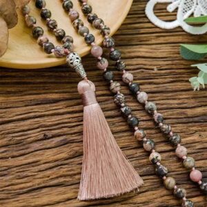 Natural Black Line Rhodochrosite Beads Knotted Necklace - Pendants - Chakra Galaxy