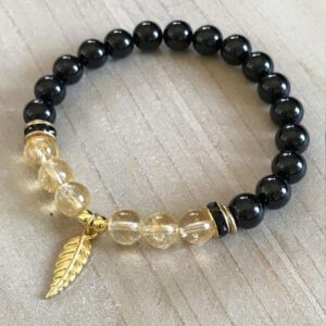 Natural Black Tourmaline & Citrine Beads Leaf Symbol Chakra Bracelet - Charm Bracelets - Chakra Galaxy