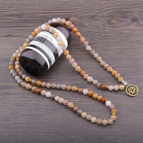 Natural Chalcedony With Lotus Pendant 108 Mala Beads Buddha Bracelet - Charm Bracelets - Chakra Galaxy