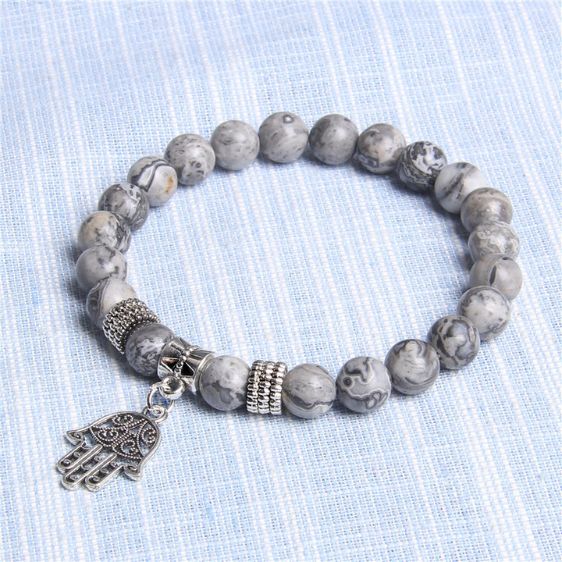 Natural Gray Map Stone Beads Hamsa Hand Symbol Chakra Bracelet - Charm Bracelets - Chakra Galaxy