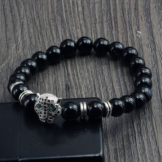 Natural Hematite Stone Beads With Leopard Head Symbol Bracelet - Charm Bracelets - Chakra Galaxy