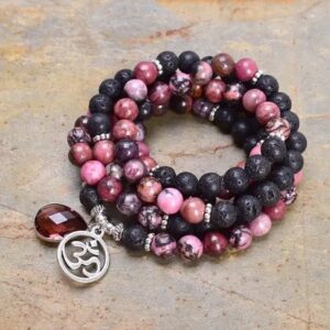 Natural Lava Stone and Rhodonite 108 Japamala Om Charm Necklace - Pendants - Chakra Galaxy