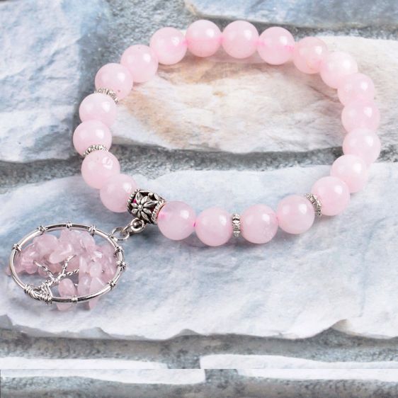 Natural Pink Rose Quartz Stone With Tree of Life Pendant Bracelet - Charm Bracelets - Chakra Galaxy