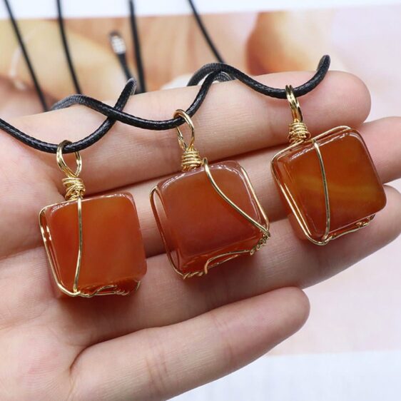 Natural Red Agate Stone Square Charm Rope Chain Necklace - Pendants - Chakra Galaxy