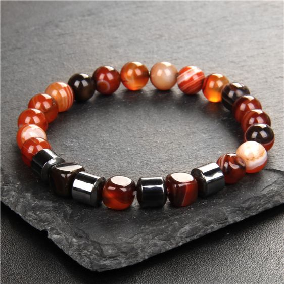 Natural Red Striped Agate & Hematite 8mm Stone Beads Charm Bracelet - Charm Bracelets - Chakra Galaxy