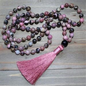 Natural Rhodonite Gemstone With Tassel 108 Japamala Prayer Beads - Pendants - Chakra Galaxy