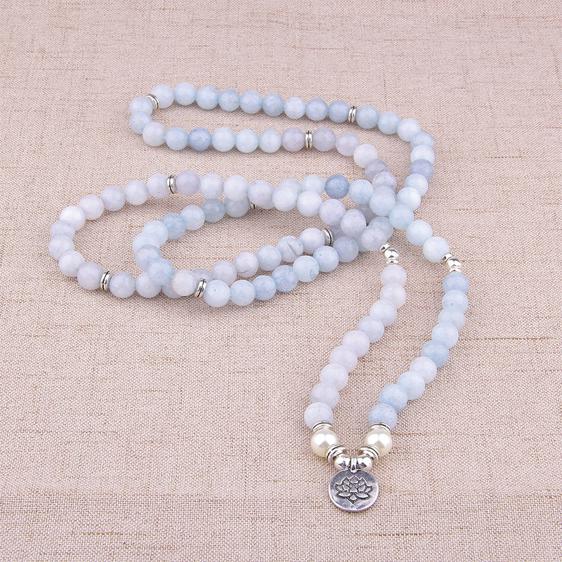 Natural Stone Beads Aquamarine With Lotus Charm Mala Necklace - Pendants - Chakra Galaxy