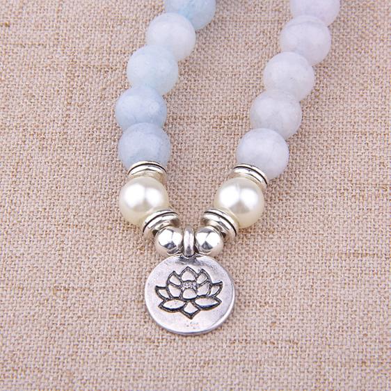 Natural Stone Beads Aquamarine With Lotus Charm Mala Necklace - Pendants - Chakra Galaxy