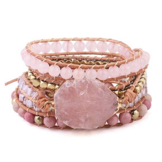 Natural Stone Chakra Bracelet Pink Rose Quartz Bohemian Leather Wraps - Charm Bracelets - Chakra Galaxy