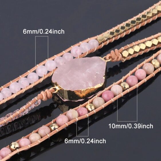 Natural Stone Chakra Bracelet Pink Rose Quartz Bohemian Leather Wraps - Charm Bracelets - Chakra Galaxy