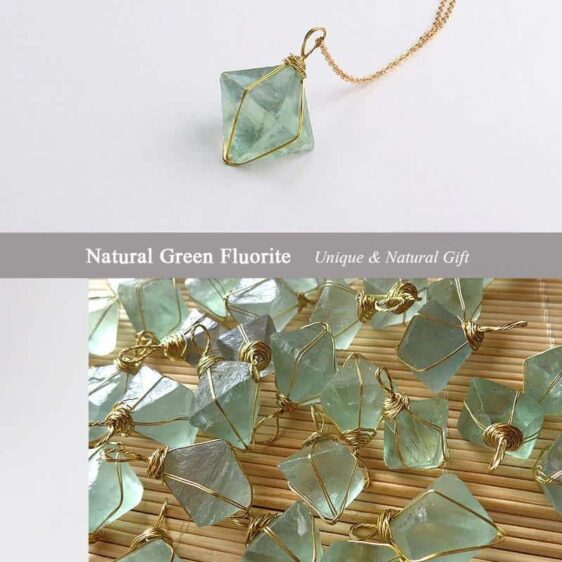 Natural Stone Gold Wire Wrapped Octahedron Green Fluorite Chakra Necklace - Chakra Necklace - Chakra Galaxy