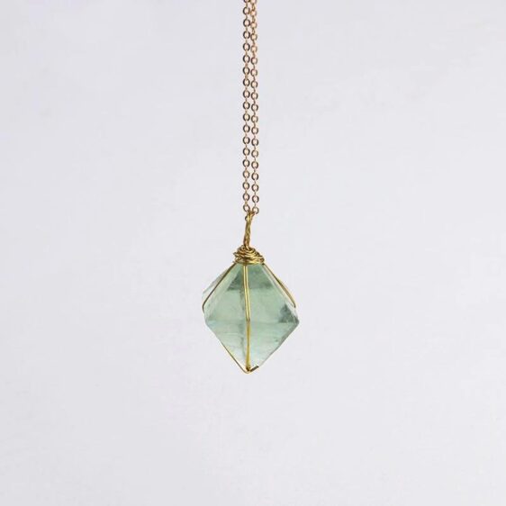 Natural Stone Gold Wire Wrapped Octahedron Green Fluorite Chakra Necklace - Chakra Necklace - Chakra Galaxy