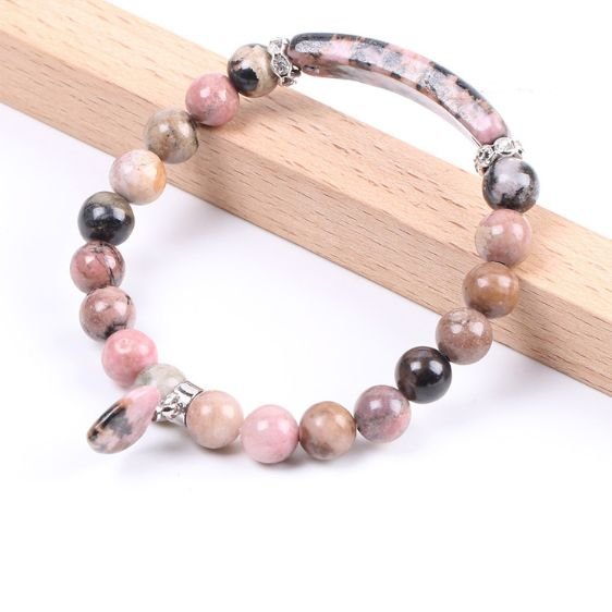 Natural Stone Rhodonite Love Heart Pendant Beads Healing Bracelet - Charm Bracelets - Chakra Galaxy