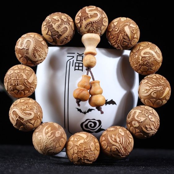 Natural Thuja Wood Beads With Carved Dragon Phoenix Charm Bracelet - Charm Bracelets - Chakra Galaxy
