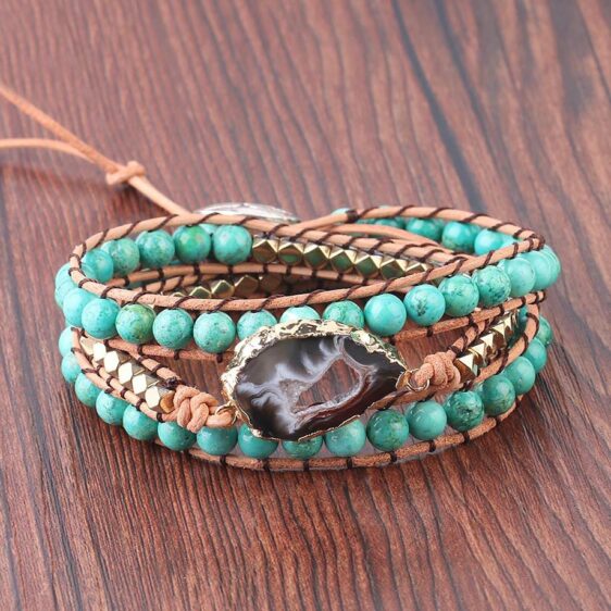Natural Turquoise Beads Chakra Bracelet Agate Geode Slice Boho Style - Charm Bracelets - Chakra Galaxy