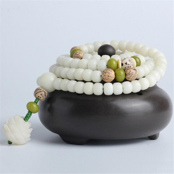 Natural White Bodhi Root 108 Beads Lotus Mala Chakra Bracelet - Charm Bracelets - Chakra Galaxy