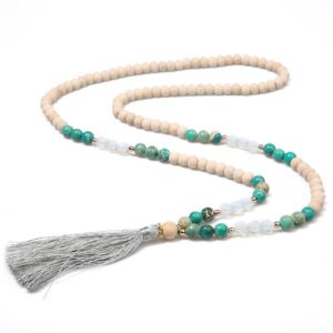 Natural Wood And Opal Beaded 108 Japamala Necklace Tassel Pendant - Pendants - Chakra Galaxy
