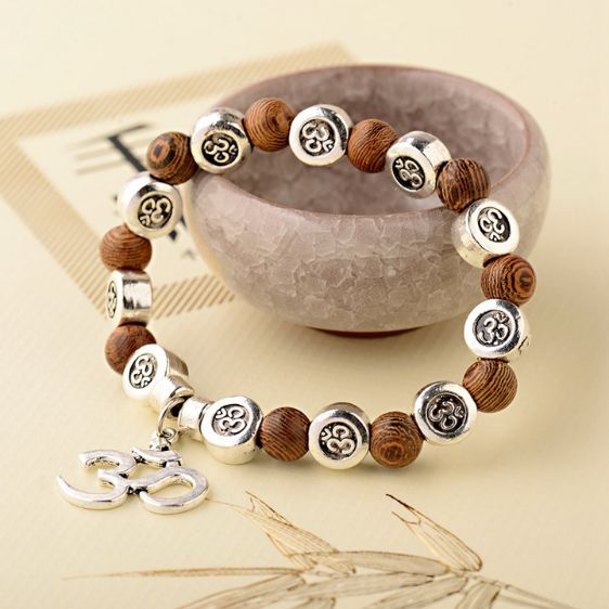 Natural Wood OM Pendant Buddha Beads Meditation Bracelet - Charm Bracelets - Chakra Galaxy