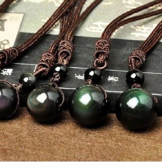 Obsidian Rainbow Eye Bead Pendant Polyester Rope Chain Necklace - Pendants - Chakra Galaxy