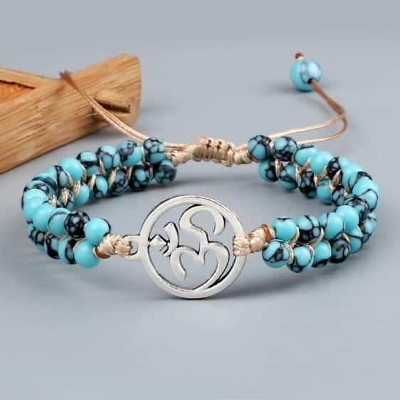 OM Symbol Natural 4mm Blue Turquoise Stone Adjustable Bracelet - Charm Bracelets - Chakra Galaxy
