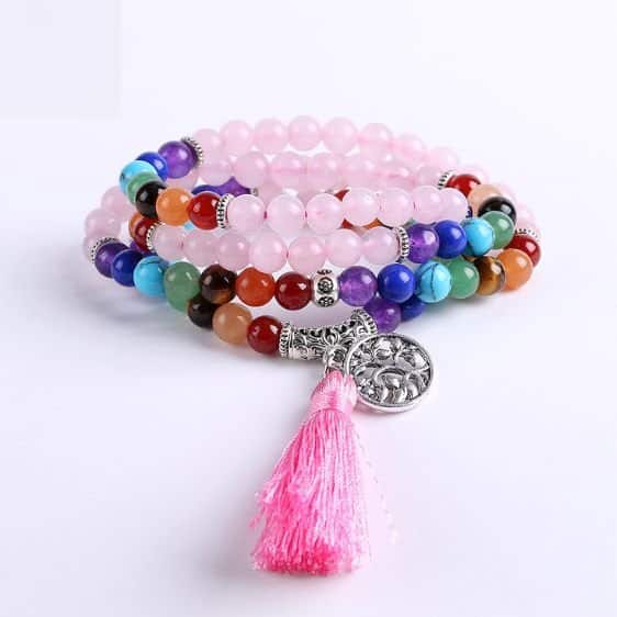 Pink Quartz Stone 7 Chakra Tree Of Life 108 Beads With Tassel Bracelet - Charm Bracelets - Chakra Galaxy