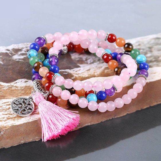 Pink Quartz Stone 7 Chakra Tree Of Life 108 Beads With Tassel Bracelet - Charm Bracelets - Chakra Galaxy