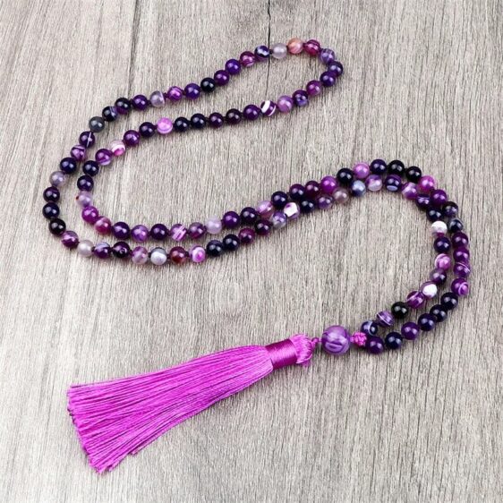 Purple Agates 108 Mala Beads Elastic Knotted Necklace With Tassel - Pendants - Chakra Galaxy